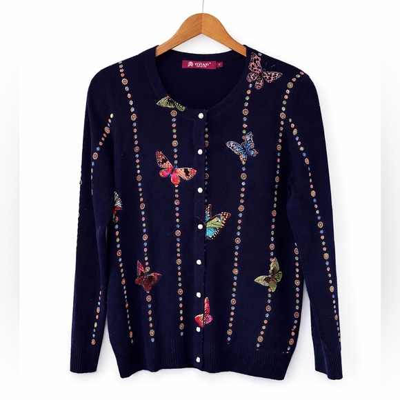 viviani collection Sweaters - Viviani Collection Cashmere Wool Butterfly Embroidered Cardigan Navy Blue Size M